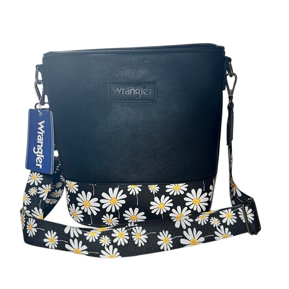 NWT Wrangler Sunflowers Black Faux Leather Logo Pocket  Bucket Bag Crossbody
